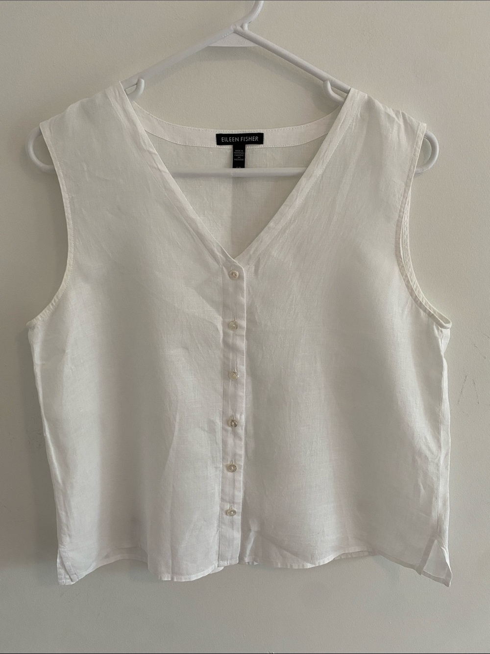 Eileen Fisher Organic Linen V Neck Button Up Tank Shirt White Size SMALL